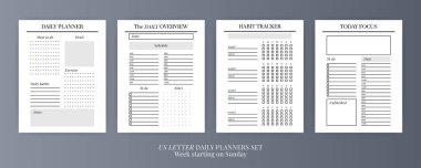 US Harf Vektör Planlayıcısı şablonları ayarlandı. Boş dikey defter sayfası. İş organizatörü. Günlük, haftalık, aylık, yıllık, alışkanlık takip cihazı, proje, notlar, hedefler. Hafta pazar günü başlıyor.