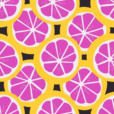 Pembe Greyfurt. Egzotik, sulu meyve deseni. Komik karalama tarzında yapılmış kusursuz vektör arkaplanı. Yiyecek elementlerine tırman. El boyaması elementler.