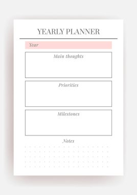 Kağıt boyutu A4 Vektör Planlayıcı şablonu. Boş yazdırılabilir dikey defter sayfası. İş organizatörü. Günlük, haftalık, aylık, yıllık, alışkanlık takip cihazı, proje, notlar, hedefler. Hafta pazartesi başlıyor.