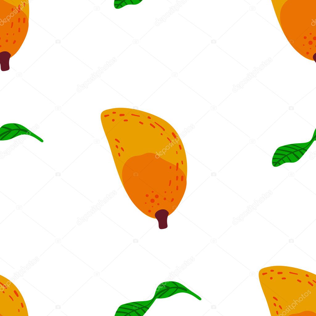 Mango fruit pattern. Vector seamless  Exotic background made in funny doodle style. Clipart food elements. Hand painted elements.