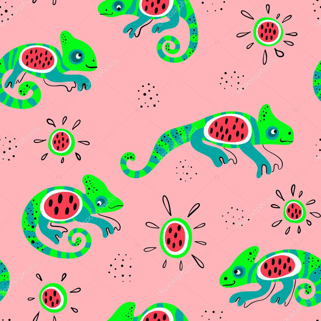 Background with chameleon lizard and watermelon slice. Tropical jungle vector seamless pattern. Colorful illustration made in funny doodle cartoon
