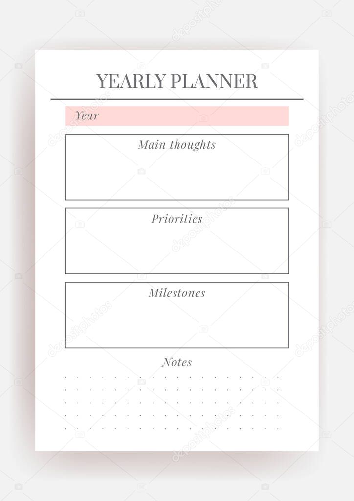 Paper size A4 Vector Planner template. Blank printable vertical notebook page. Business organizer. Calendar daily, weekly, monthly, yearly, habit tracker, project, notes, goals. Week starts on Monday