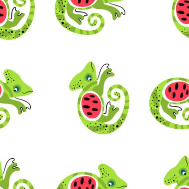 Bukalemun kertenkelesi ve karpuz dilimli arka plan. Tropikal orman vektörü kusursuz desen. Komik karikatür ile yapılan renkli çizimler
