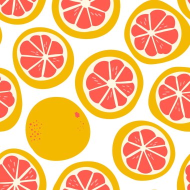 Pink Grapefruit. Exotic juicy fruit pattern. Vector seamless background made in funny doodle style. Clipart food elements. Hand painted elements. vector