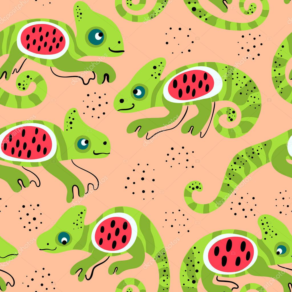 Background with chameleon lizard and watermelon slice. Tropical jungle vector seamless pattern. Colorful illustration made in funny doodle cartoon