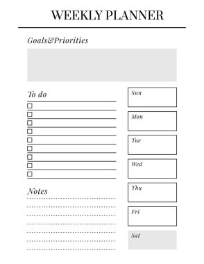 US Harf Boyutu Vektör Planlayıcı şablonu. Boş yazdırılabilir dikey defter sayfası. İş organizatörü. Günlük, haftalık, aylık, yıllık, alışkanlık takip cihazı, proje, notlar, hedefler. Hafta pazar günü başlıyor.