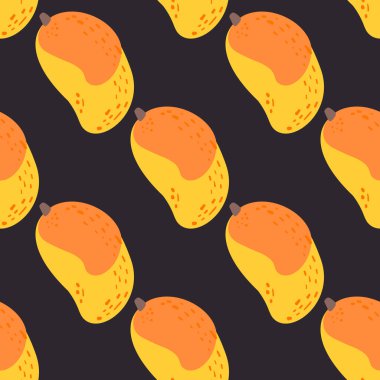 Mango meyvesi deseni. Komik karalama tarzında yapılmış kusursuz egzotik bir arka plan. Yiyecek elementlerine tırman. El boyaması elementler.