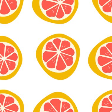 Pink Grapefruit. Exotic juicy fruit pattern. Vector seamless background made in funny doodle style. Clipart food elements. Hand painted elements. vector
