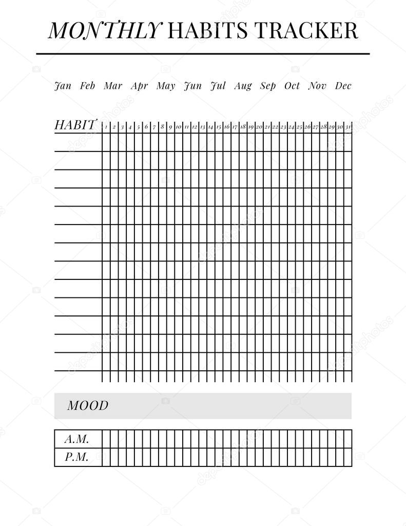 US Letter size Vector Planner template. Blank printable vertical notebook page. Business organizer. Calendar daily, weekly, monthly, yearly, habit tracker, project, notes, goals. Week starts on Sunday