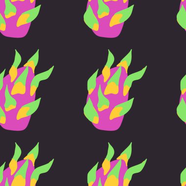 Ejderha Meyvesi Egzotik deseni. Komik karalama tarzında yapılmış kusursuz vektör arkaplanı. Yiyecek elementlerine tırman. El boyaması elementler.