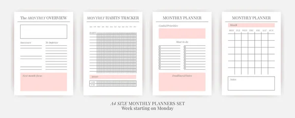 Tamanho Papel Vector Planner Templates Set Página Caderno Vertical Branco — Vetor de Stock