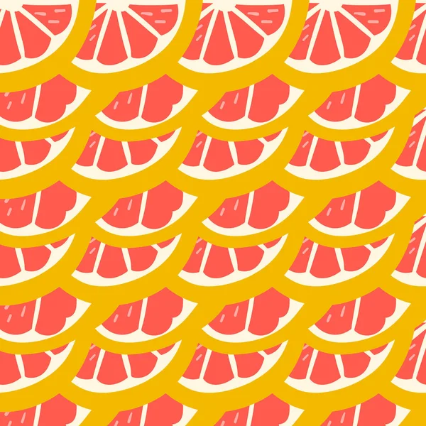 ピンクグレープフルーツ エキゾチックなジューシーなフルーツパターン 面白いドアスタイルで作られたベクトルシームレスな背景 食品の要素を削除します 手描きの要素 — ストックベクタ