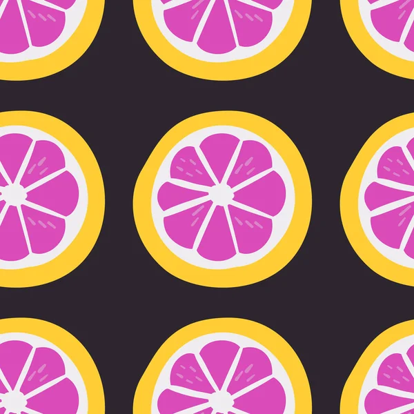 粉红柚子异国情调的多汁水果图案 矢量无缝背景制作的滑稽涂鸦风格 部分食物元素 手绘元件 — 图库矢量图片