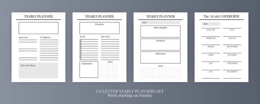 US Harf Vektör Planlayıcısı şablonları ayarlandı. Boş dikey defter sayfası. İş organizatörü. Günlük, haftalık, aylık, yıllık, alışkanlık takip cihazı, proje, notlar, hedefler. Hafta pazar günü başlıyor.