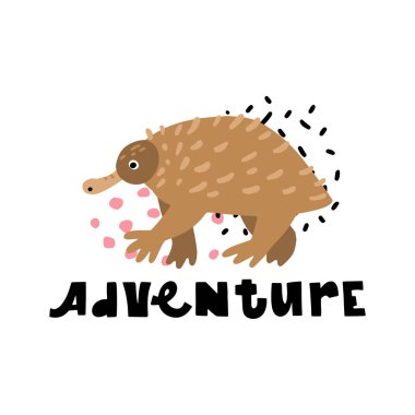 Önceden yapılmış şirin vektör kartı. El yazısı alıntıları, Macera, etrafta farklı çizimler var. Tasarımlarınız için olumlu bir poster: Tişörtler, çantalar, posterler, eşyalar. Çocuk odası, kumaş..