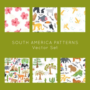 Egzotik hayvanlar ve el yapımı vektörsüz desenler ayarlandı. İskandinav çizimleri sonsuz dokular. Paket kağıdı, tekstil,