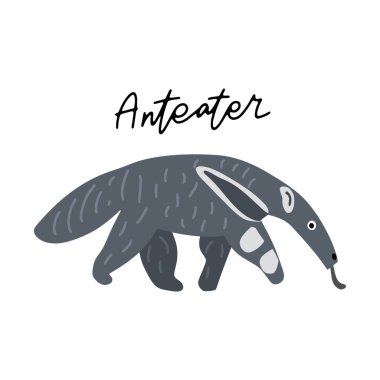 Güney Amerika AnteaterAnimal vektör illüstrasyon klibi. Çocuk tasarım posteri. İskandinav tarzında vahşi memeli çizimi. El yazısıyla yazılmış harfler. Egzotik vahşi yaşam. 