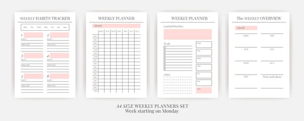 Vector Planner Template Set 페이지 조직하는 추적기 프로젝트 월요일에 시작되는 — 스톡 벡터