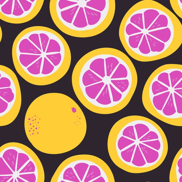 粉红柚子异国情调的多汁水果图案 矢量无缝背景制作的滑稽涂鸦风格 部分食物元素 手绘元件 — 图库矢量图片