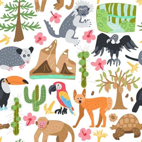 Exotische Tiere Und Landschaft Handgezeichnete Farbvektor Nahtlose Muster Skandinavische Illustration — Stockvektor