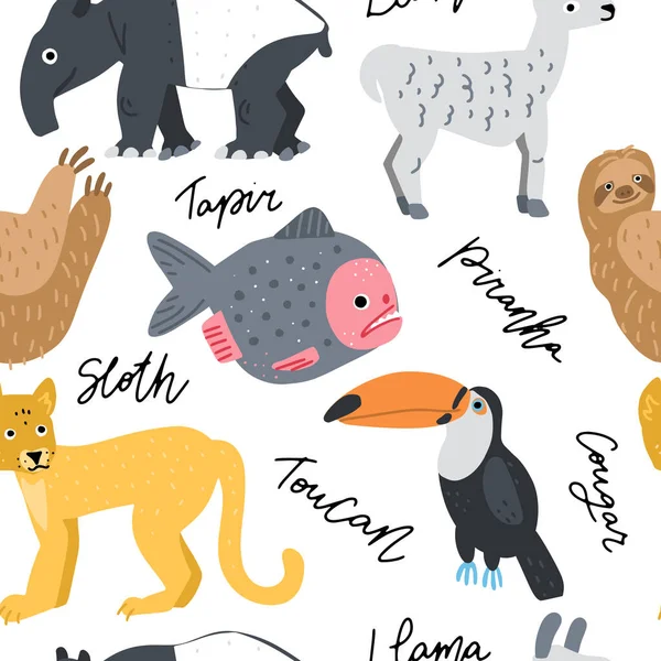 エキゾチックな動物の手描きカラーベクトルシームレスパターン 北欧のイラスト 包装紙 — ストックベクタ