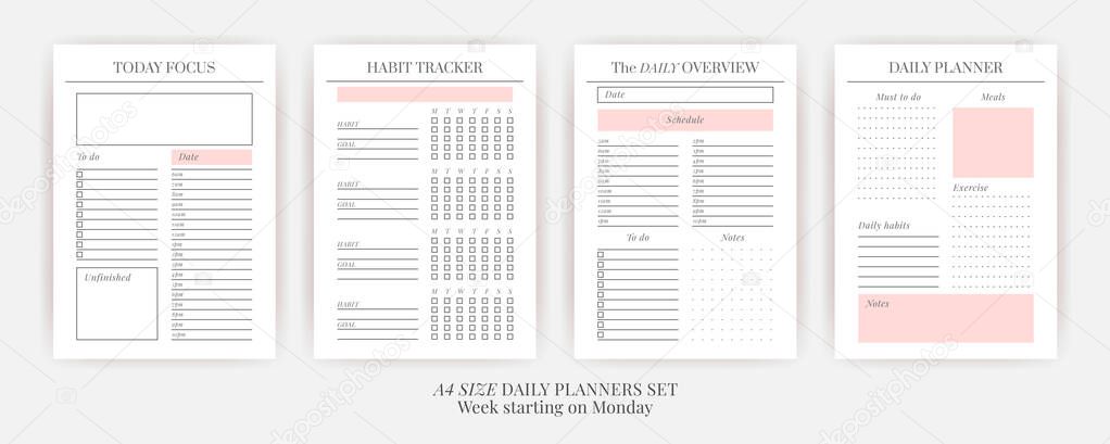 Paper size A4 Vector Planner templates set. Blank vertical notebook page. Business organizer.Calendar daily, weekly, monthly, yearly, habit tracker, project, notes, goals. Week starts on Monday