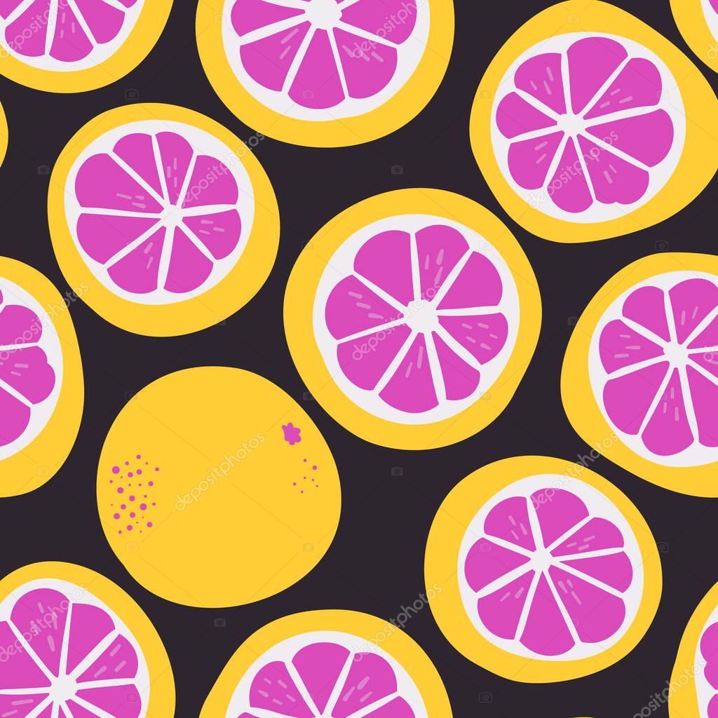 Pink Grapefruit. Exotic juicy fruit pattern. Vector seamless background made in funny doodle style. Clipart food elements. Hand painted elements.