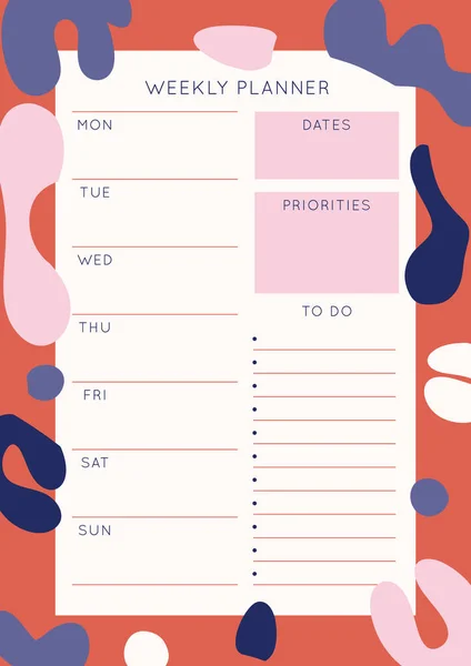 Μινιμαλιστικό Αφηρημένο Πρότυπο Weekly Planner Κενό Λευκό Notebook Σελίδα Θηλυκό — Διανυσματικό Αρχείο