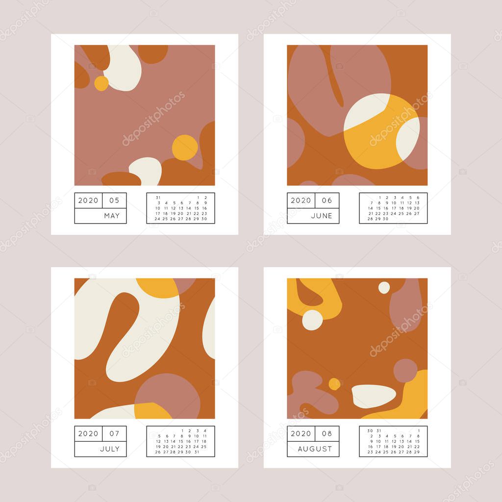 Collage style Fluid organic geometry shapes 2020 May, June, July, August calendar. Modern and original wall art design. Social media mockup. Week starts on subnday.