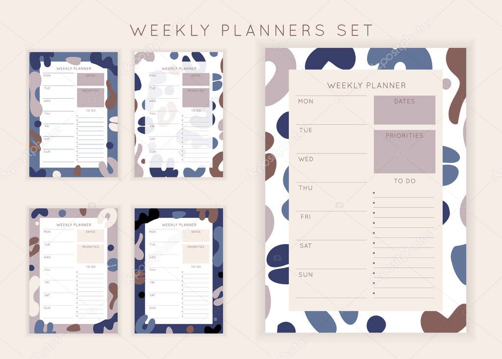 Set of minimalist planners. Weekly planner template. Blank white notebook page with feminine fluid shapes texture.