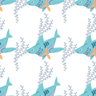 Karikatür bebek köpekbalığı vektör çizimi. Kusursuz desen. Tişört izi. Okyanus balığı karakteri. Tatlı komik hayvanlar..
