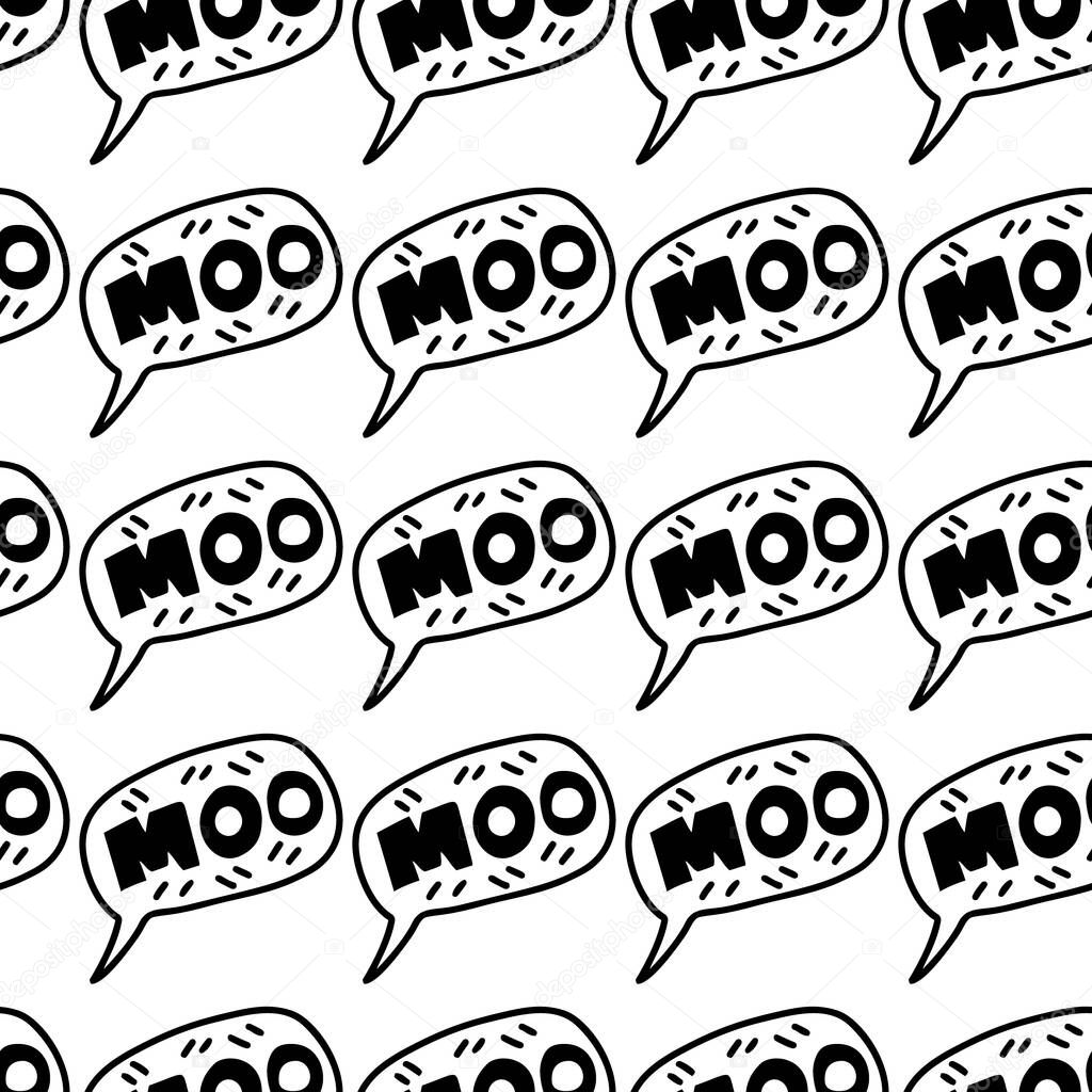 Hand drawn lettering quote - Moo- in speech bubble.Seamless pattern background. Custom typography for your designs:t-shirts,bags,posters,invitation.