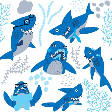 Karikatür bebek köpekbalığı vektör çizimi. Kusursuz desen. Tişört izi. Okyanus balığı karakteri. Tatlı komik hayvanlar..