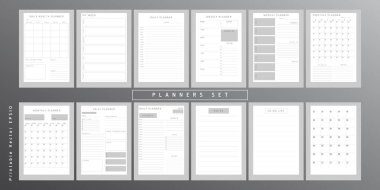 Bir grup minimalist monokrom soyut planlamacı. Günlük, haftalık, aylık planlama şablonu. Notlar ve hedefler için boş yazdırılabilir dikey defter sayfası.