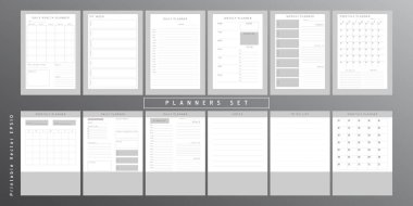 Bir grup minimalist monokrom soyut planlamacı. Günlük, haftalık, aylık planlama şablonu. Notlar ve hedefler için boş yazdırılabilir dikey defter sayfası.