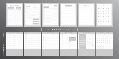 Bir grup minimalist monokrom soyut planlamacı. Günlük, haftalık, aylık planlama şablonu. Notlar ve hedefler için boş yazdırılabilir dikey defter sayfası.