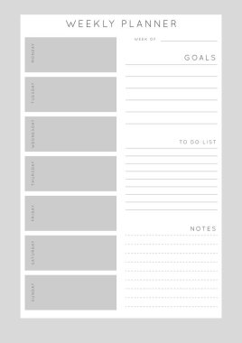 Minimalist soyut monoktomi planlayıcısı. Günlük, haftalık, aylık planlama şablonu. Notlar ve hedefler için boş yazdırılabilir dikey defter sayfası.
