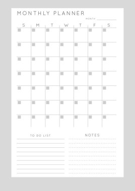 Minimalist soyut monoktomi planlayıcısı. Günlük, haftalık, aylık planlama şablonu. Notlar ve hedefler için boş yazdırılabilir dikey defter sayfası.