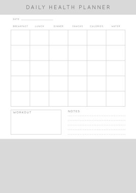 Minimalist soyut monoktomi planlayıcısı. Günlük, haftalık, aylık planlama şablonu. Notlar ve hedefler için boş yazdırılabilir dikey defter sayfası.