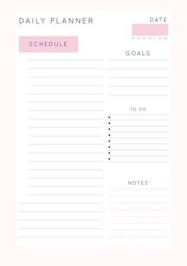 Bir grup minimalist soyut planlamacı. Günlük planlama şablonu. Notlar ve hedefler için boş yazdırılabilir dikey defter sayfası.