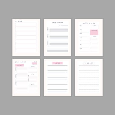 Bir grup minimalist soyut planlamacı. Günlük, haftalık, aylık planlama şablonu. Notlar ve hedefler için boş yazdırılabilir dikey defter sayfası.