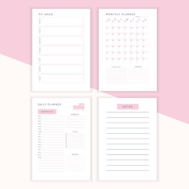 Bir grup minimalist soyut planlamacı. Günlük, haftalık, aylık planlama şablonu. Notlar ve hedefler için boş yazdırılabilir dikey defter sayfası.