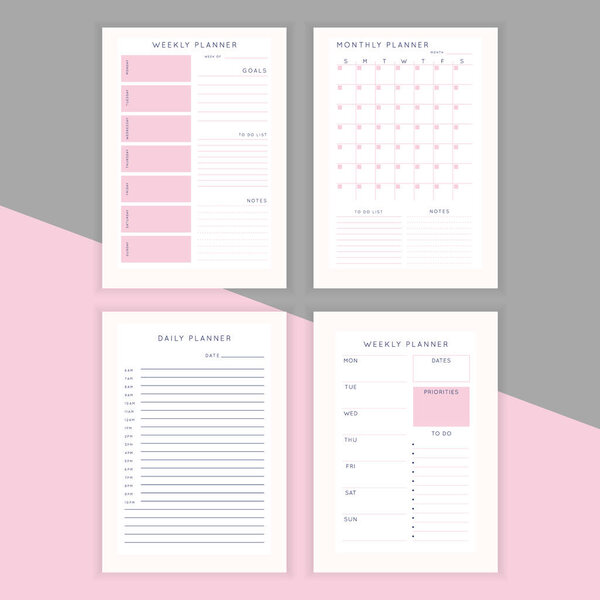 Set of minimalist abstract planners. Daily, weekly, monthly planner template. Blank printable vertical notebook page with space for notes and goals.