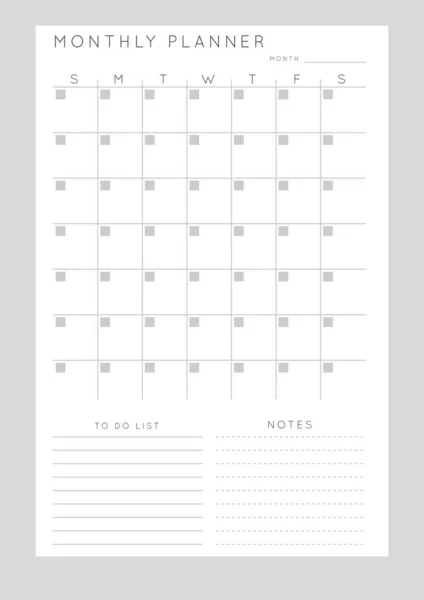 最小限の抽象モノトームプランナー 毎月のプランナーテンプレート ノートと目標のためのスペースと空白の印刷可能な垂直ノートブックページ — ストックベクタ