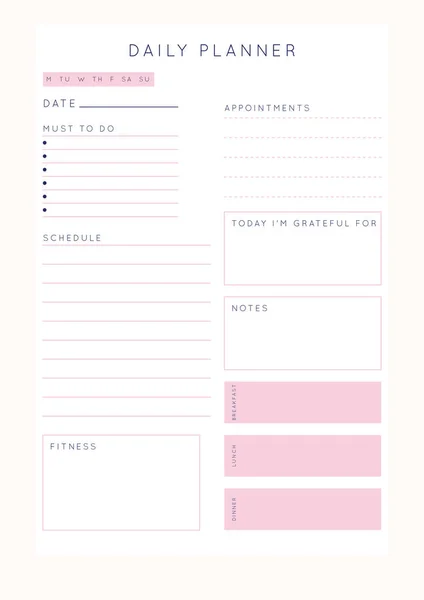 미니멀리즘적 계획을 세운다 매일의 플랜너 템플릿 목표를 공간이 수첩을 — 스톡 벡터