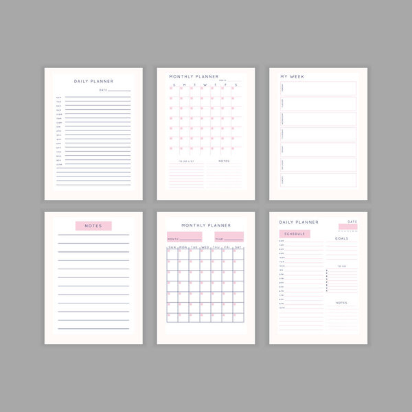 Набор минималистских абстрактных планировщиков. Ежедневный, еженедельный, месячный шаблон. Пустая страница для печати вертикальных ноутбуков с местом для заметок и целей.