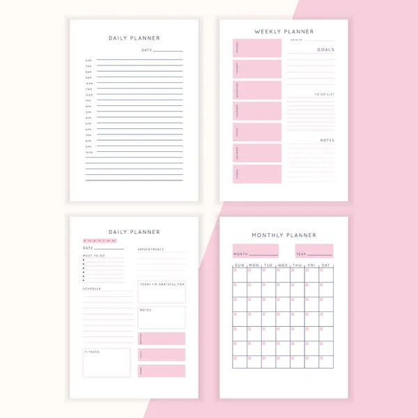 一组简约的抽象规划者 每月计划模板 空白可打印的垂直笔记本页 带有备注和目标空间 — 图库矢量图片