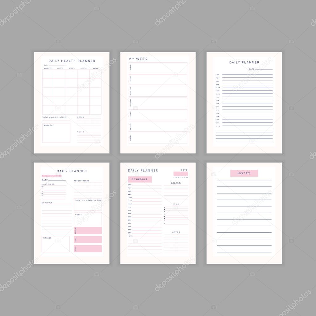 Set of minimalist abstract planners. Daily, weekly, monthly planner template. Blank printable vertical notebook page with space for notes and goals.