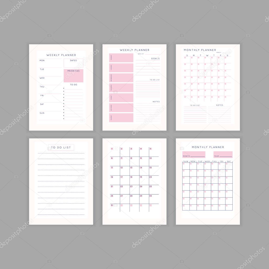 Set of minimalist abstract planners. Daily, weekly, monthly planner template. Blank printable vertical notebook page with space for notes and goals.