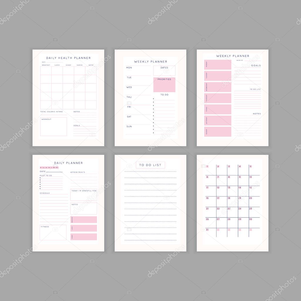 Set of minimalist abstract planners. Daily, weekly, monthly planner template. Blank printable vertical notebook page with space for notes and goals.